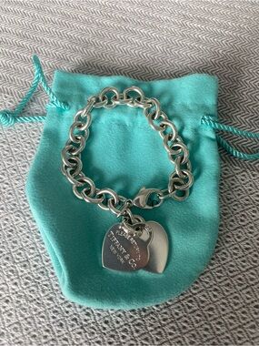 Tiffany & Co. Sterling Silver Heart Tag Charm Bracelet with Blue Pouch